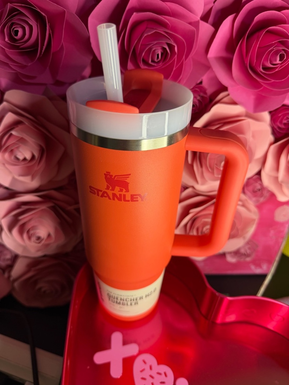 Stanley Bright Orange Insulated Travel Mug with Handle and Straw